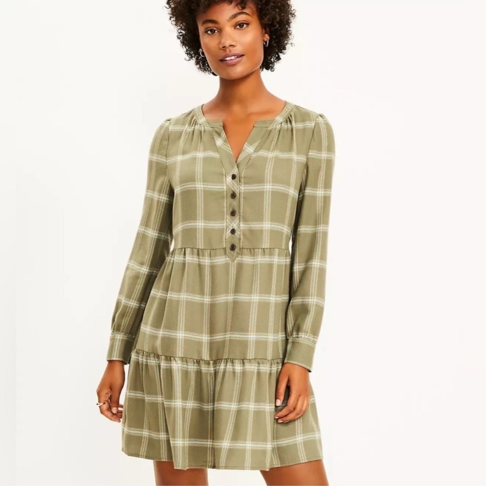 LOFT Olive Green Plaid Flannel Tiered Shirtdress Large Petite Fall Dropwaist